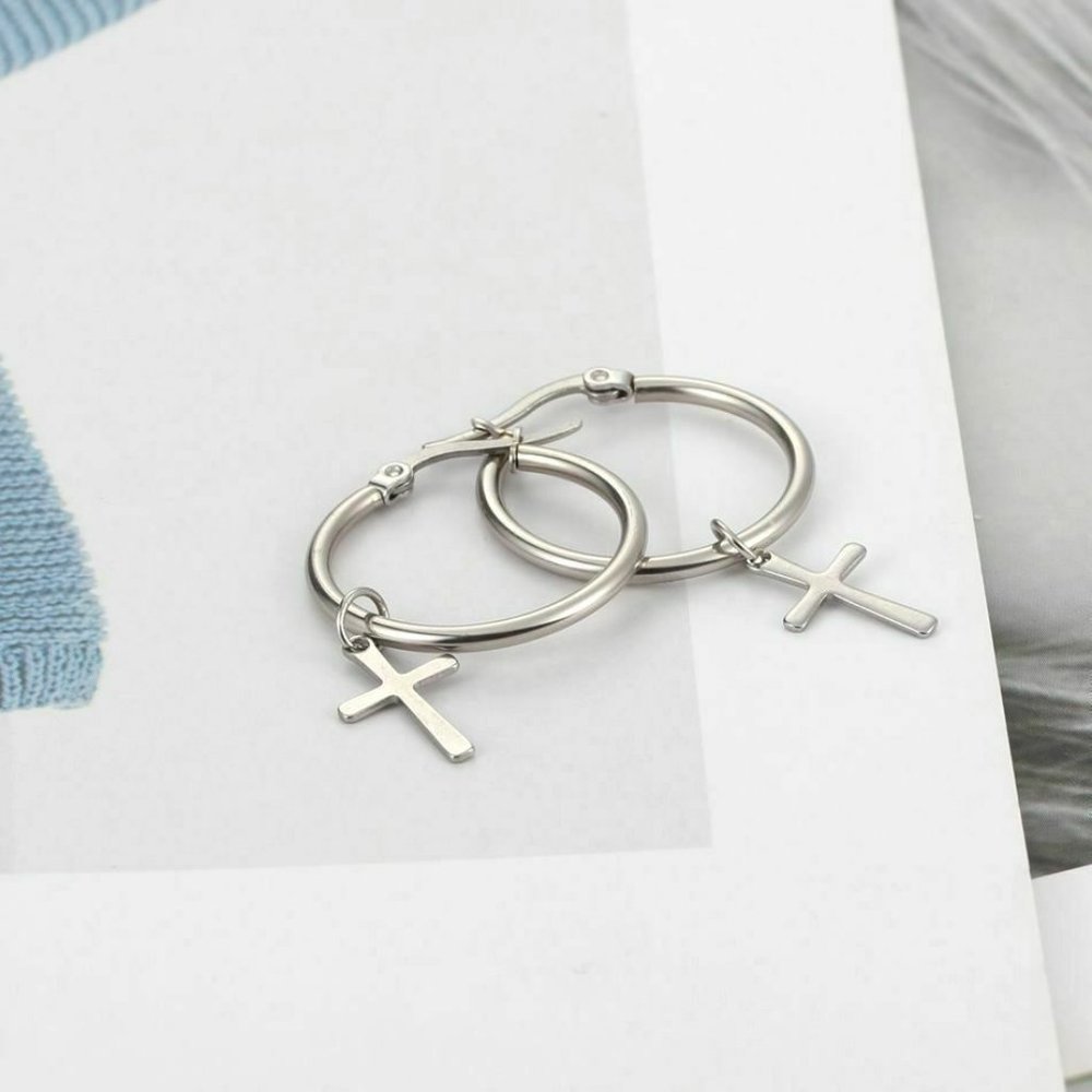 NWOT 25mm Silver Cross Huggie Earrings - Picture 8 of 16